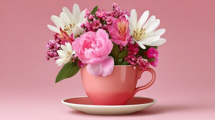 Obraz premium Beautiful pink flower arrangement is placed inside a pink cup, which is sitting on a white plate. The cup is filled with a variety of flowers, including pink and white ones