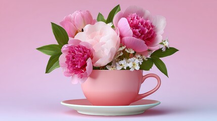Obraz premium Pink flower arrangement in a pink cup. The flowers are pink and white