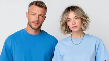Fototapeta premium Man and a woman are standing next to each other in blue shirts. The man is wearing a blue shirt with a logo on it, and the woman is wearing a blue shirt with a necklace