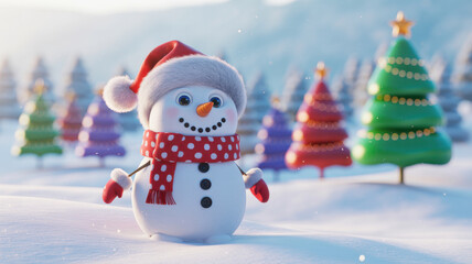 Charming cartoon snowman wearing a red santa hat and scarf in a snowy forest with decorated christmas trees