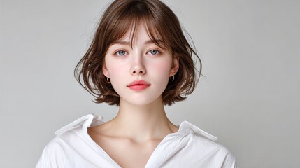 Fototapeta premium Woman with short hair and a white shirt. She has a pink lip color. She is smiling