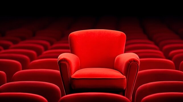 Red chair is the only object in a row of red chairs. The chair is the only one that is not empty