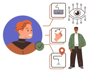 Young user linked to icons of keyboard, hand gesture, location marker, and visual recognition. Highlighting human-technology interaction, accessibility, and innovation. Ideal for tech, user