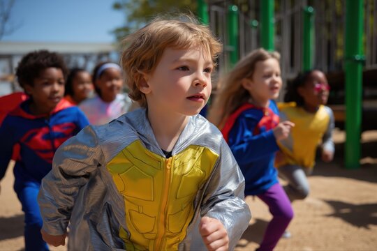 Children in superhero costumes playing at playground