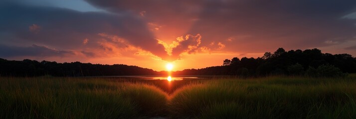 Stunning sunset over tranquil lake with lush green grass and dramatic sky