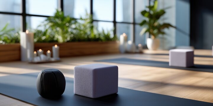 Serene yoga studio with meditation blocks and natural light