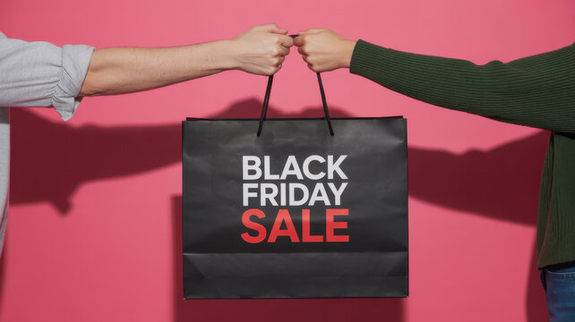 Two hands exchanging a black shopping bag with black friday sale text against a vibrant pink background