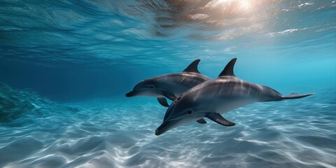 Fototapeta premium Pair of dolphins swimming underwater in sunlit ocean
