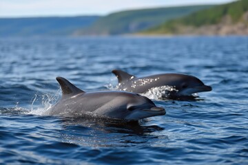 Fototapeta premium Pair of dolphins swimming swiftly in clear blue ocean waters