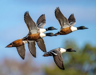 Obraz premium Four ducks soaring in a clear blue sky