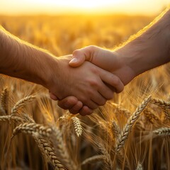 Agricultural partnership handshake in wheat field