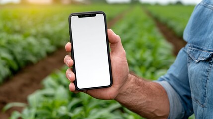Man is holding a cell phone in a field. The phone is white and the man is wearing a blue shirt