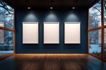 Empty gallery frames against a dark blue wall, winter scenery outside