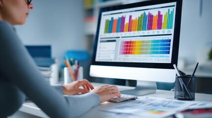 Specialist analyzing language test results on a computer comparing scores to standardized benchmarks in a wellequipped evaluation center.