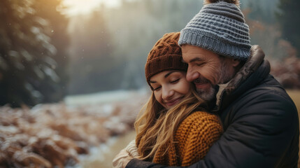 Fototapeta premium Cozy Embrace: Loving couple sharing a warm hug in a snowy, winter landscape, love and togetherness.