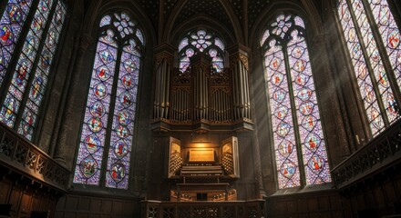 Obraz premium Gothic church interior with stained glass and organ