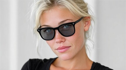 Naklejka premium Woman with blonde hair and blue eyes is wearing sunglasses. She is smiling and looking at the camera