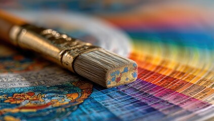 Fototapeta premium A paintbrush rests on a colorful color chart. Close-up view of a used artist's brush and a multi-hued color palette