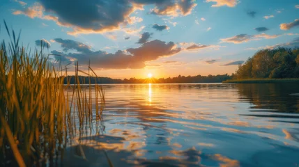 Keuken achterwand Reflectie Golden sunset reflected on calm lake, framed by tall grass, creating a serene natural landscape  © Serega