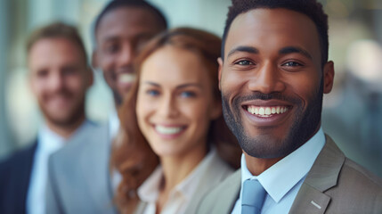 Diverse team of professionals smiling confidently, representing collaboration, success, and a positive work environment.