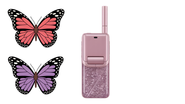 Chic pink glitter flip phone with elegant butterflies, perfect for trendy lifestyle visuals