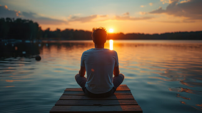 Man meditating on a dock, basking in the warm glow of the setting sun over tranquil waters. Serene scene.