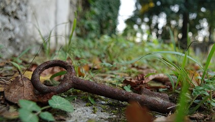 A rusty key lies amidst fallen leaves and grass on a ground covered with moss