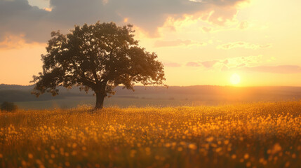 Golden sunset over a meadow, highlighting a lone tree. Tranquil scenery. A natural, peaceful vista.