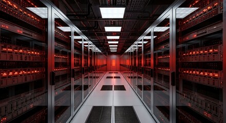 Naklejka premium Immersive Futuristic Data Center Hallway with Glowing Server Racks and Modern Technology