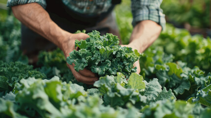 Farmer harvesting fresh, leafy greens in a garden setting, showcasing sustainable farming practices.