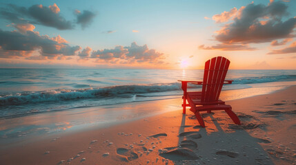 Beach chair at sunset: A tranquil seaside moment with footprints in the sand. Relaxing beach scene.