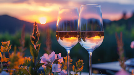 Two glasses of wine toast to the sunset, floral foreground, romantic moment with a stunning scenic background.