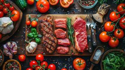 Aromatic Steak Meal: Grilled and raw cuts on wood with tomatoes, garlic, rosemary, arugula, and pepper.