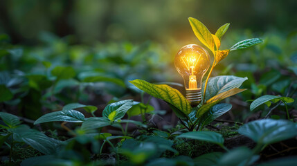 Illuminated lightbulb amidst vibrant green foliage symbolizing innovation, sustainability, and environmental consciousness.