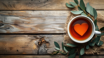 Heart-shaped tea on wooden background with eucalyptus, evoking warmth and affection in a rustic setting.
