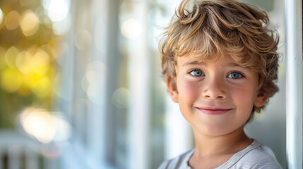Portrait of a young boy with curly blonde hair and blue eyes, smiling warmly in a bright outdoor setting.