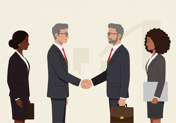 Fototapeta premium Two businessmen shaking hands, flanked by two businesswomen, symbolizing a successful business deal.