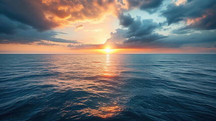 Vibrant sunset reflecting over the calm ocean surface with dramatic clouds creates a serene atmosphere.
