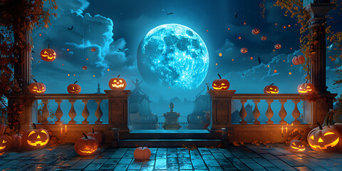 Moonlit Halloween scene with jack-o'-lanterns and spooky atmosphere
