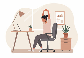A businesswoman taking a break, stretching her arms at her desk to relieve tension and fatigue in a modern home office setting.