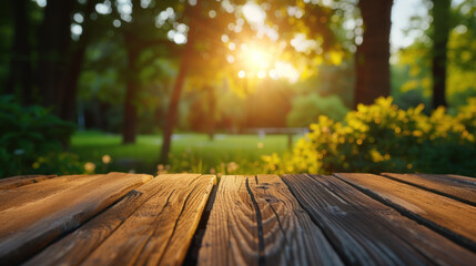 Sunlit wooden planks overlook a peaceful park scene, inviting a moment of serenity and connection with nature.