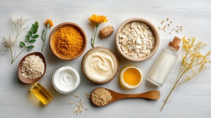 Natural skincare ingredients arranged artfully for a homemade beauty routine