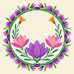 Colorful Floral Wreath with Lotus Flowers. Decorative Round Frame.
