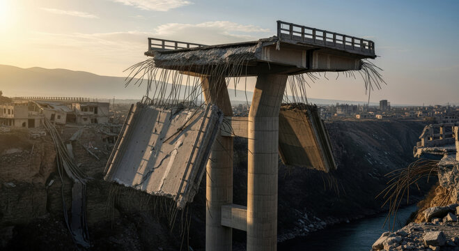 A collapsed bridge amidst a desolate urban landscape, showcasing destruction and the aftermath of structural failure - Powered by Adobe