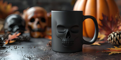 Skull mug with autumn pumpkins and skull decorations
