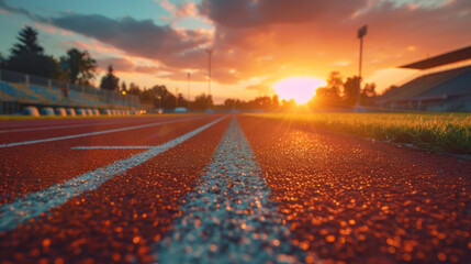 Track Lanes at Sunset: a close-up view of a track under warm sunlight, symbolizing athletic pursuit.
