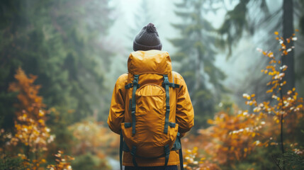 Backpacker amidst a serene forest, wearing a vibrant yellow jacket and a cozy beanie for a tranquil hike.