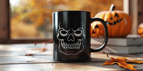 Black skull mug with pumpkins and autumn leaves
