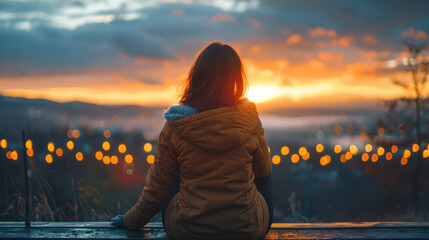 Woman gazes at glowing sunset over distant city lights from a park bench. Peaceful contemplation.