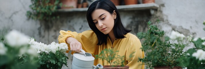 Young asian woman in yellow shirt watering plants in a garden